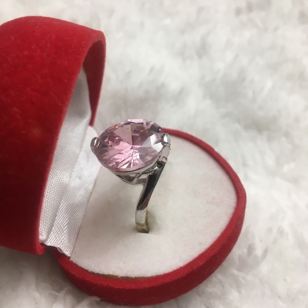 Brass Rhodium Large Round Facetted Pink CZ Size 7